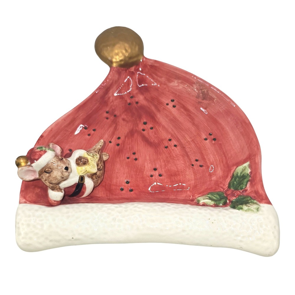 1996 Fitz & Floyd Red Santa Hat Cute Mouse Snacks Or Cookie Plate